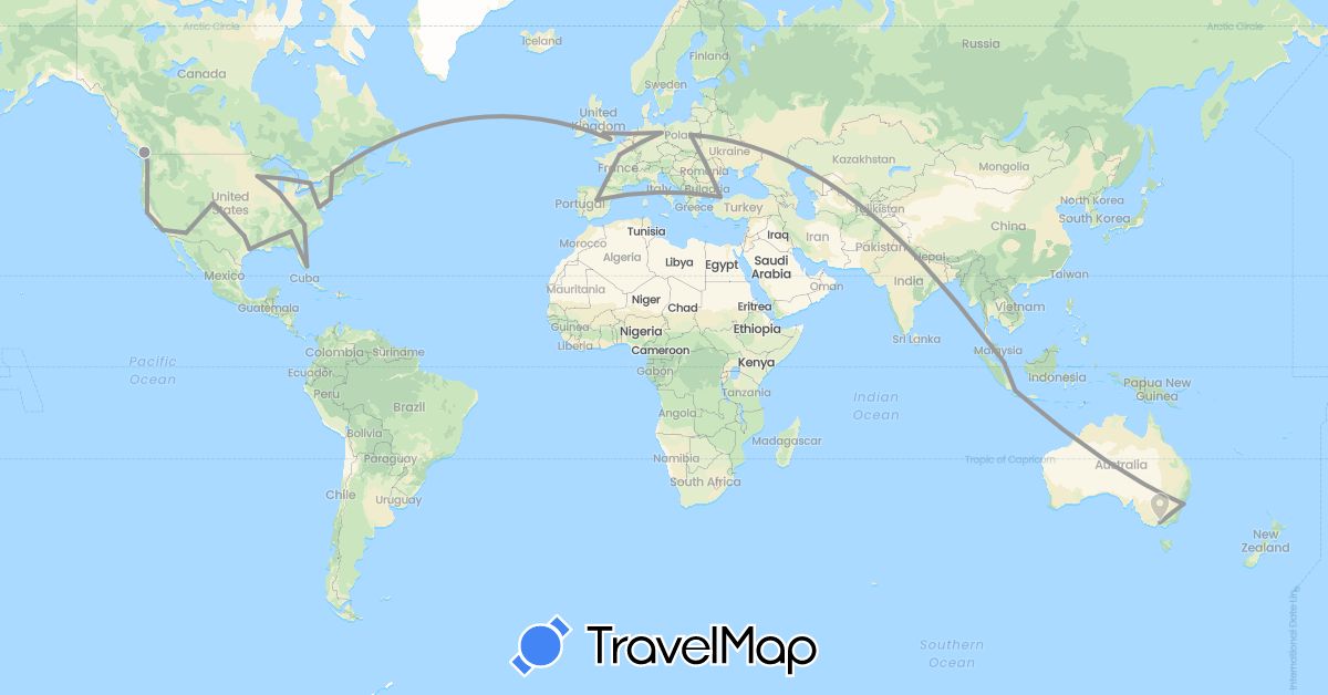 TravelMap itinerary: driving, plane in Australia, Canada, Germany, Spain, France, United Kingdom, Indonesia, Netherlands, Poland, Singapore, Turkey, United States (Asia, Europe, North America, Oceania)